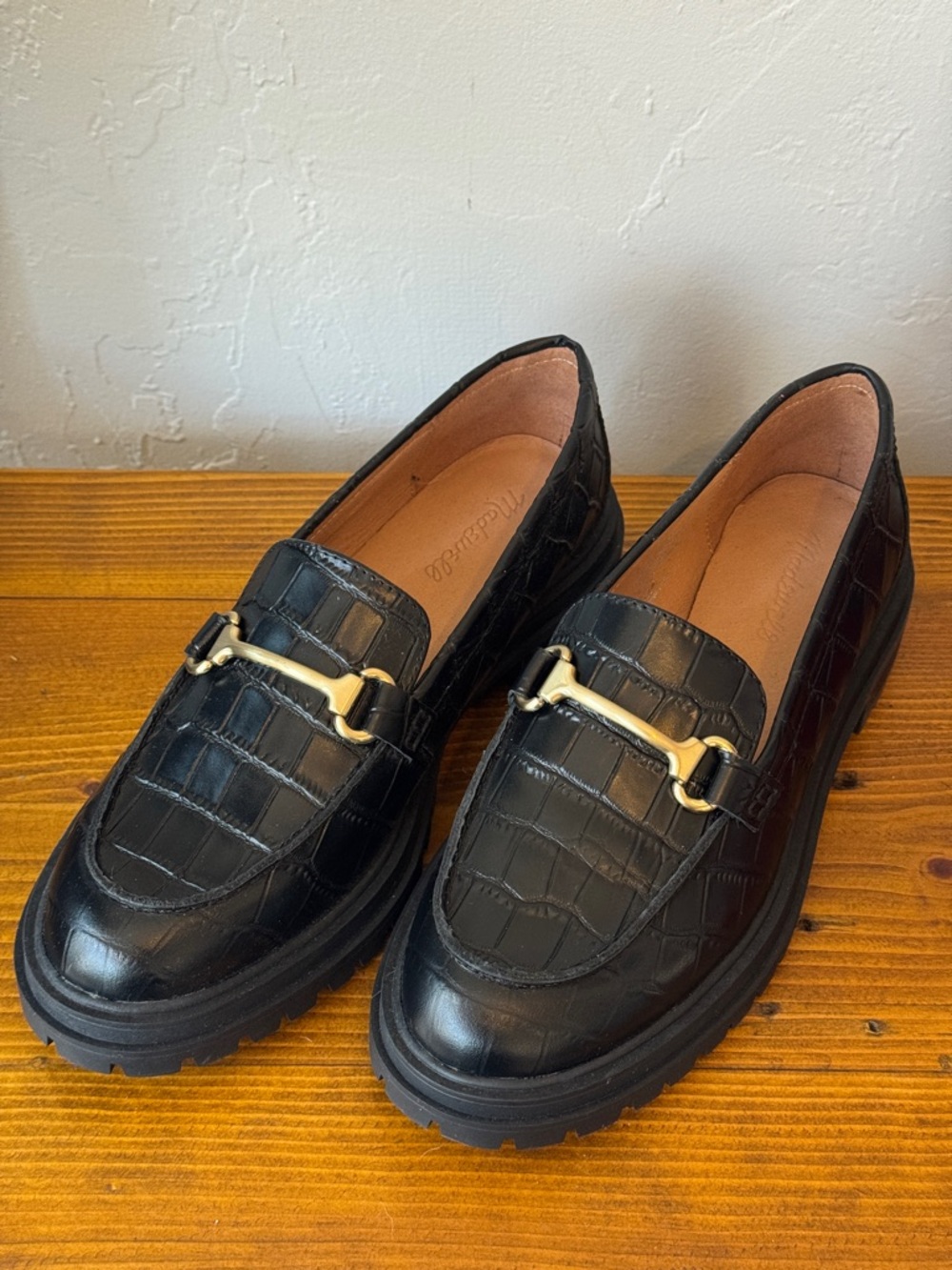 Madewell Black Croc-Embossed Leather Loafers with Gold Bit